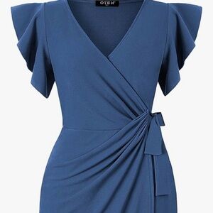 Oten V neck ruffle faux wrap dress